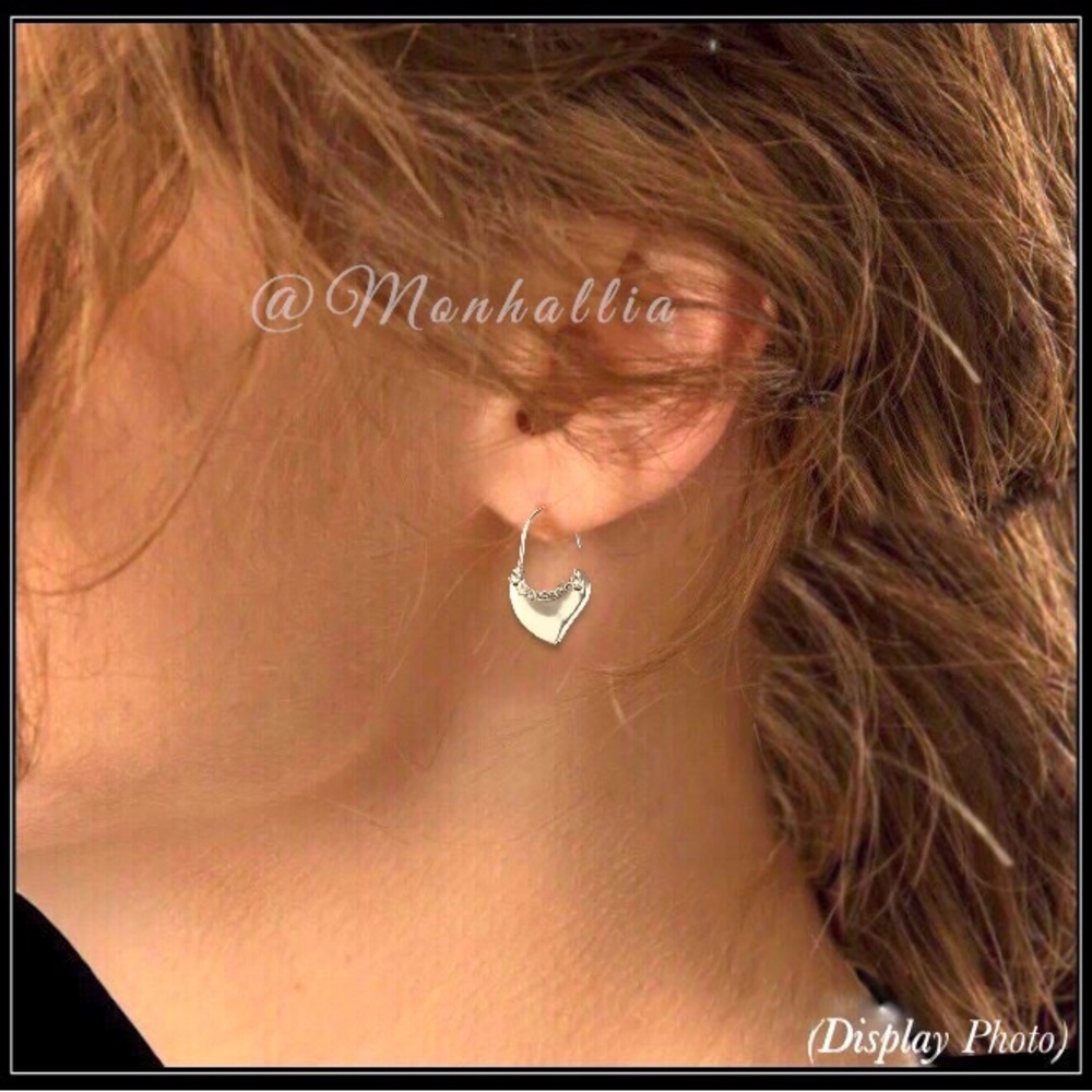 925 SILVER STERLING MINIMALIST CHAIN MOD SHARK HEART HOOK EARRINGS - Picture 5 of 6